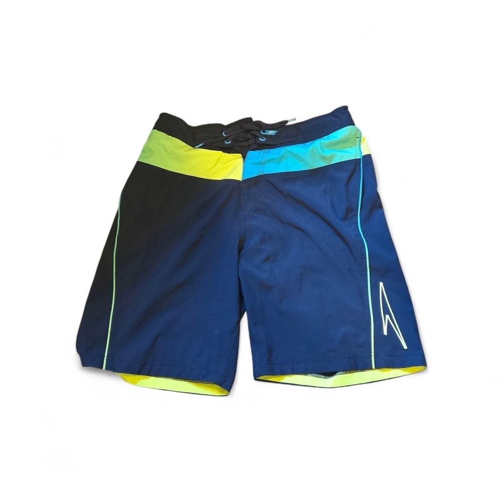 Speedo Men's M Blue Black Board Shorts Swim Trunks Colorful Neon Trim Drawstring